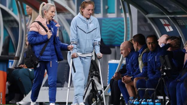 Keira Walsh on crutches in the 1-0 win over Denmark