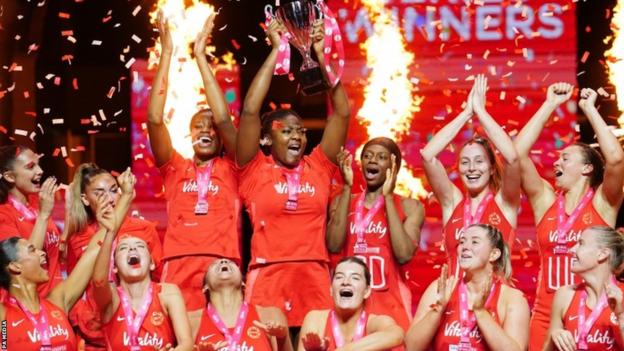 England netball players celebrate winning their series against South Africa