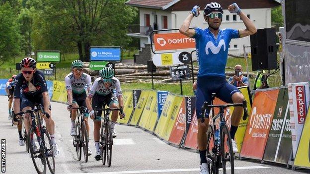 Alejandro Valverde celebrates winning stage six of the 2021 Criterium du Dauphine