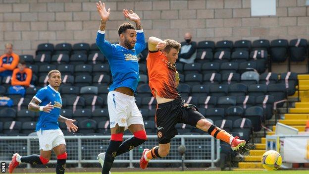 Jamie Robson scores for Dundee United against Rangers