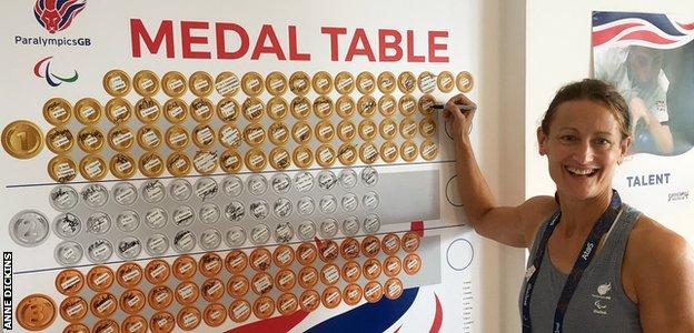 Anne Dickins signs her name after winning gold at the Rio Paralympics