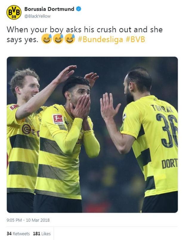 The tweet reads "When your boy asks his crush out and she says yes" - with a n image of an emotional goalscorer