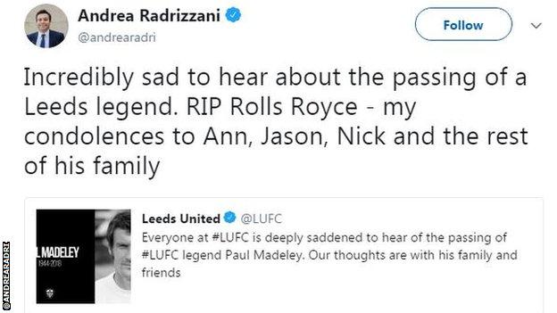 Andrea Radrizzani tweet regarding Paul Madeley's death
