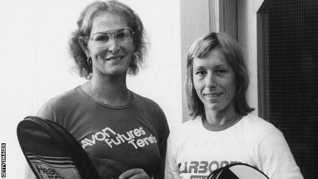 Renee Richards and Martina Navratilova after a training session in Germany