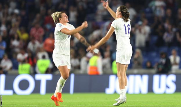 Millie Bright and Jill Scott dance on the pitch together