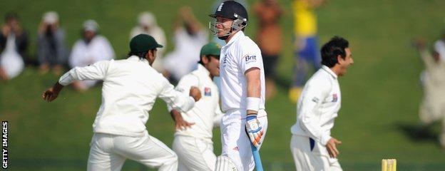 Ian Bell leaves the field after being dismissed by Saeed Ajmal