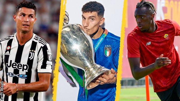 Image fractionnée de Cristiano Ronaldo en action pour la Juventus, l'Italien Giovanni Di Lorenzo et Tammy Abraham s'entraînant avec la Roma