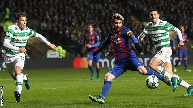Barcelona's Lionel Messi scores against Celtic in this season's Champions League