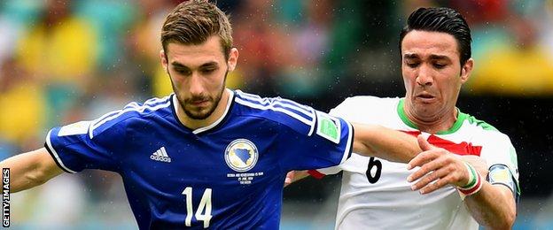 Tino-Sven Susic (left) in action for Bosnia and Herzegovina
