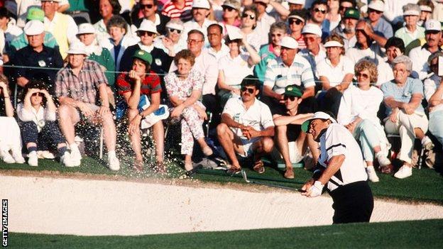 Ray Floyd playing out of a bunker at Augusta in 1990
