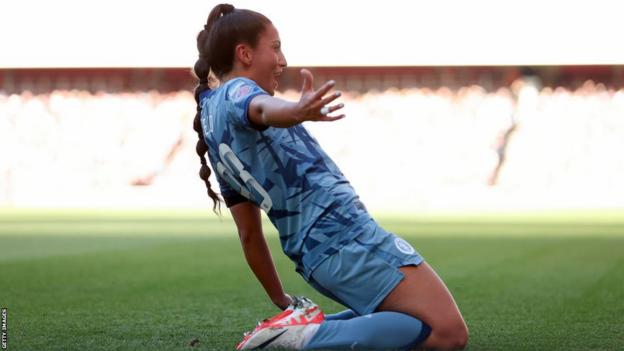 Maz Pacheco celebrates scoring against Arsenal in the WSL this season