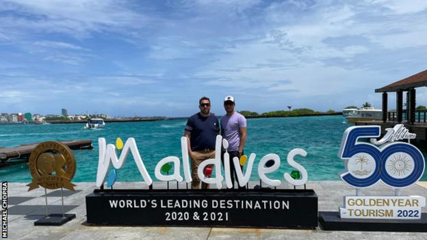 Michael Chopra (left) as Football for Peace Ambassador in the Maldives in June