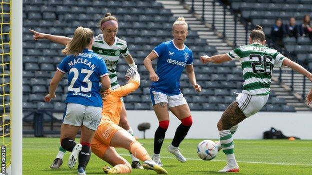 Celtic's Natasha Flint scores to make it 1-0 during the Women's Scottish Cup Final match between Celtic and Rangers at Hampden Park