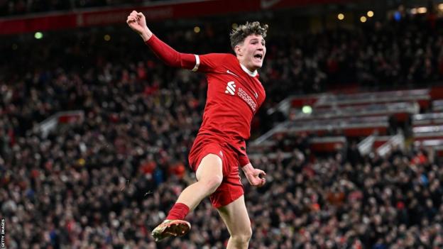 Lewis Koumas celebrates after scoring on his Liverpool debut against Southampton in the FA Cup