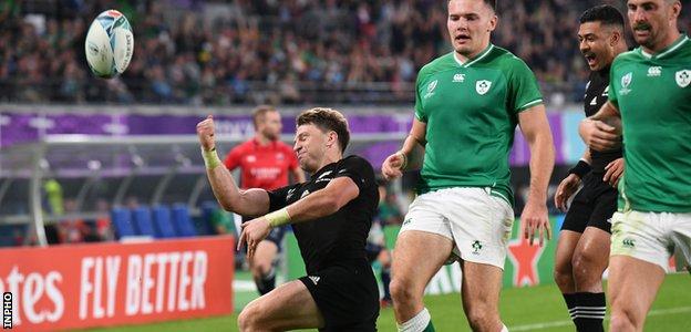 Beauden Barrett celebrates extending New Zealand's World Cup quarter-final lead over Ireland