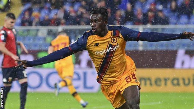 Felix Afena-Gyan celebrates scoring for Roma