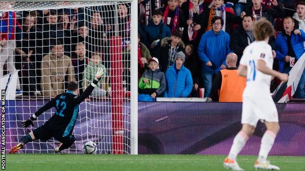 Wales goalkeeper Danny Ward fails to recover after miscontrolling Aaron Ramsey's backpass