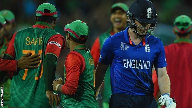 Eoin Morgan is dismissed for 0 as England lose to Bangladesh at the 2015 World Cup