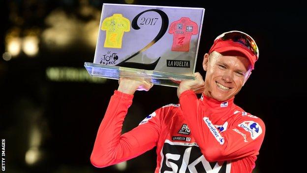 Chris Froome holds up a trophy to celebrate winning the Tour de France and Vuelta a Espana in 2017