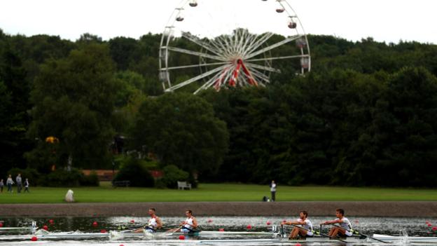 GLASGOW, SCOTLAND - AUGUST 02: A general view during the men's lightweight double sculls heat 1 during the Rowing on Day one of the European Championships Glasgow 2018 at Strathclyde Country Park on August 2, 2018 in Glasgow, Scotland. (Photo by Dan Istitene/Getty Images)