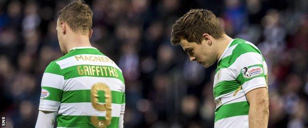 Leigh Griffiths and James Forrest cut dejected figures after Celtic's heavy loss to Hearts