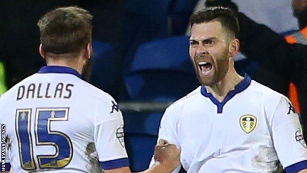 Mirco Antenucci celebrates Leeds' second goal in Cardiff