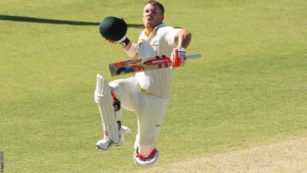 David Warner celebrating a century against England in 2013