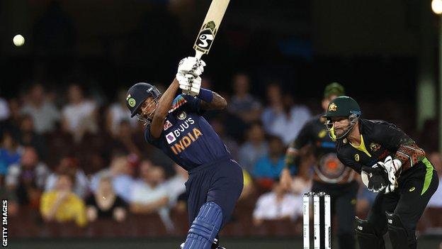 India's Hardik Pandya in the second Twenty20 against Australia in Sydney