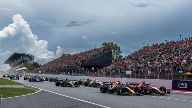 Max Verstappen leads the pack away at the start of the Spanish Grand Prix
