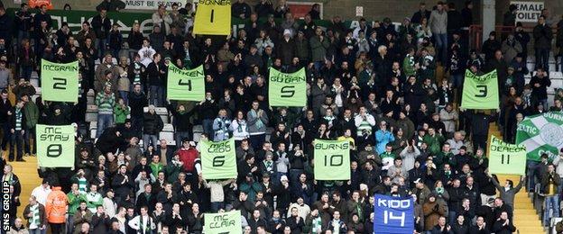 Celtic fans with a banner display in honour of the heroes of 1986