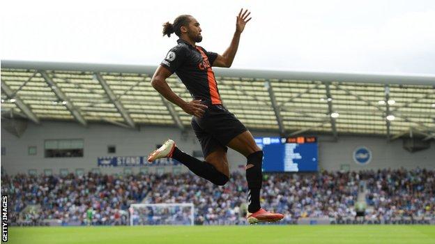 Everton striker Dominic Calvert-Lewin celebrates after scoring his side's second goal in their 2-0 win at Brighton on 28 August