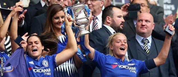 Katie Chapman and Claire Rafferty hold the Women's FA Cup aloft