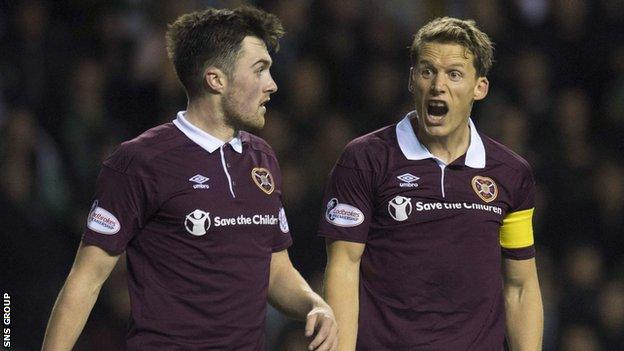 John Souttar says he has learned so much from Christophe Berra (right) at Hearts