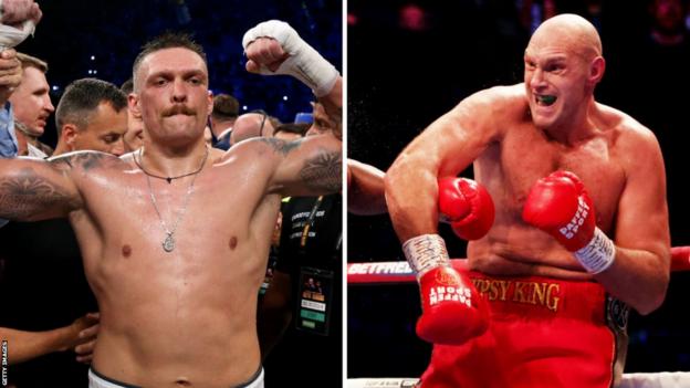 Oleksandr Usyk flexes beside a picture of Tyson Fury throwing a punch