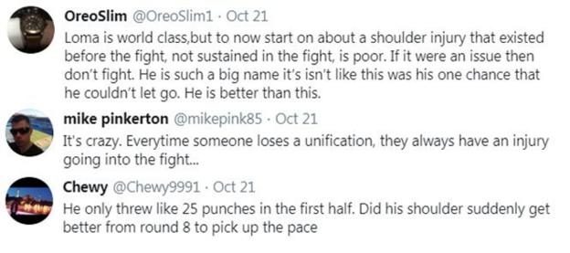 Boxing fans on Twitter react to Vasyl Lomachenko saying he had a shoulder injury ahead of his loss to Teofimo Lopez. One fan says 