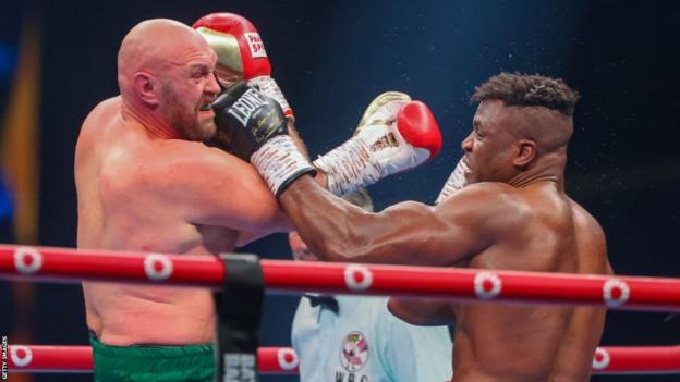 Tyson Fury fights against Francis Ngannou during their heavyweight boxing match in Riyadh