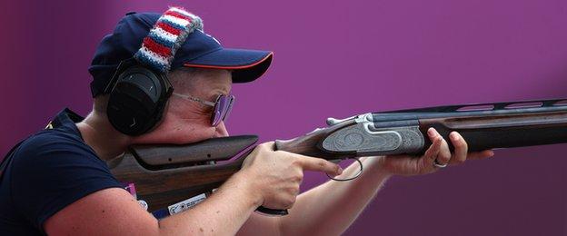 Kirsty Hegarty takes aim in the women's trap shooting event