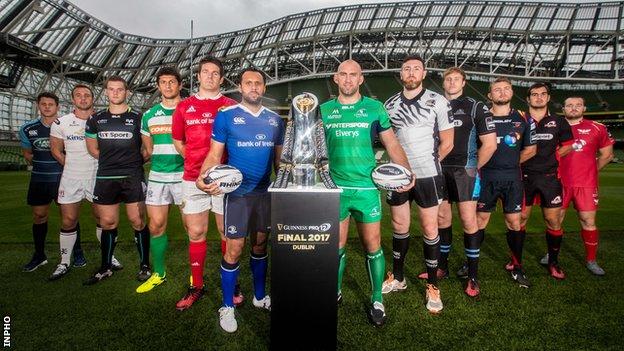 Players from all 12 teams at the 2016-2017 Pro12 launch at the Aviva Stadium on Tuesday