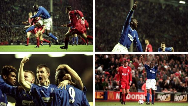 Kevin Campbell scores the winner the last time Everton won at Anfield, in September 1999