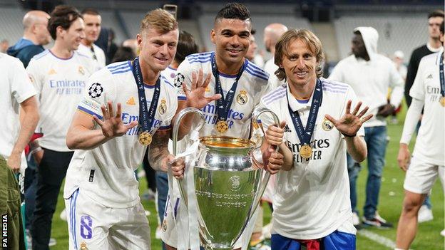 Real Madrid's players celebrate winning the Champions League