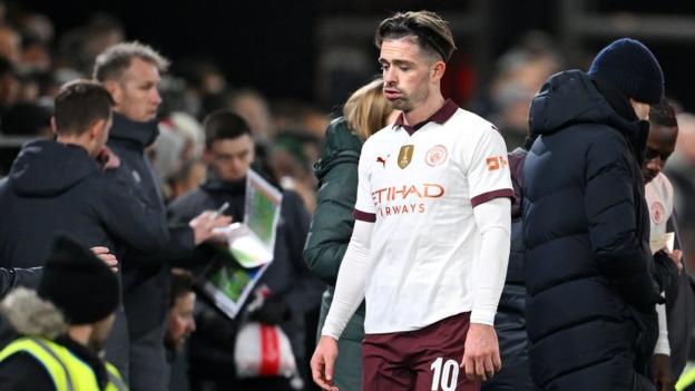 Jack Grealish looking downcast after being substituted injured against Luton