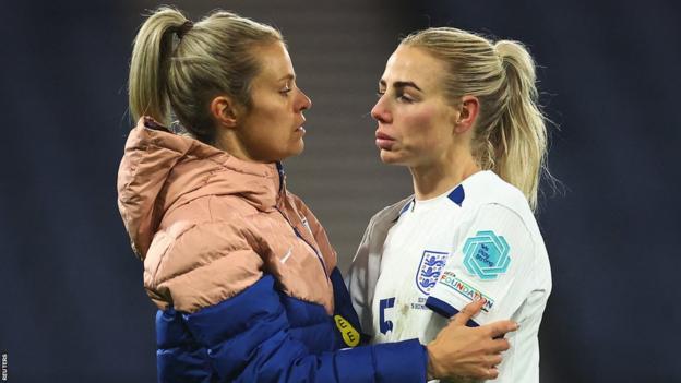 England's Alex Greenwood is consoled by team-mate Rachel Day after England were knocked out of the Nations League