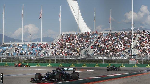 Fans watch the Russian Grand Prix