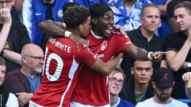 Anthony Elanga celebrates scoring for Nottingham Forest against Chelsea