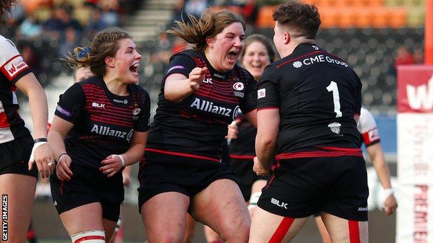 Saracens' Bryony Cleall, Hannah Botterman and Zoe Harrison celebrate
