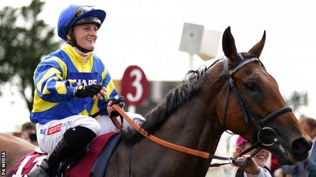 Hollie Doyle aboard Trueshan following victory in the Goodwood Cup on day one of the 2021 Goodwood Festival