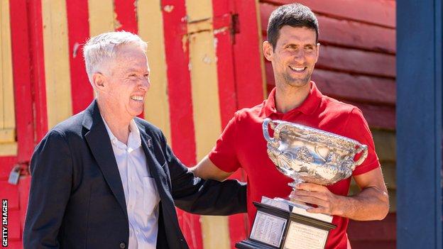 Craig Tiley and Novak Djokovic after the Serb won the 2021 Australian Open
