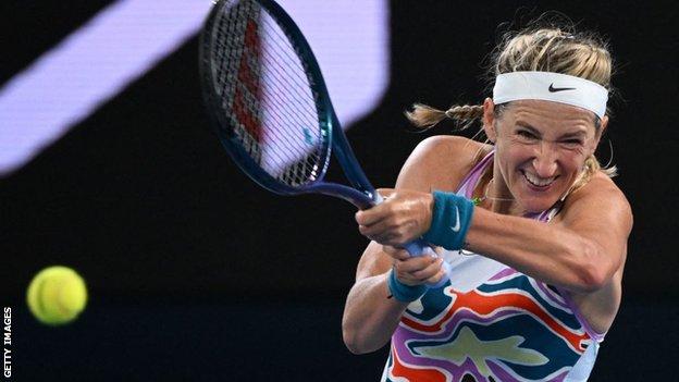 Victoria Azarenka hits a return against Jessica Pegula in their Australian Open quarter-final