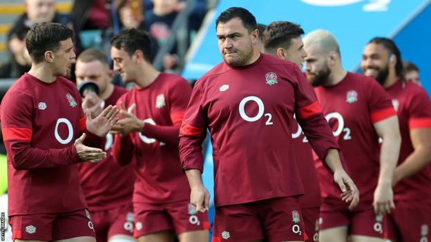 Jamie George and his England team-mates at a public training session