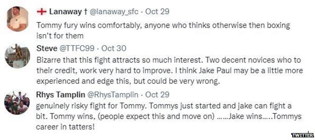 Boxing fans on Twitter debate who would win between Tommy Fury and Jake Paul. One fan says Fury will win comfortably, while others suggest it will be closer.